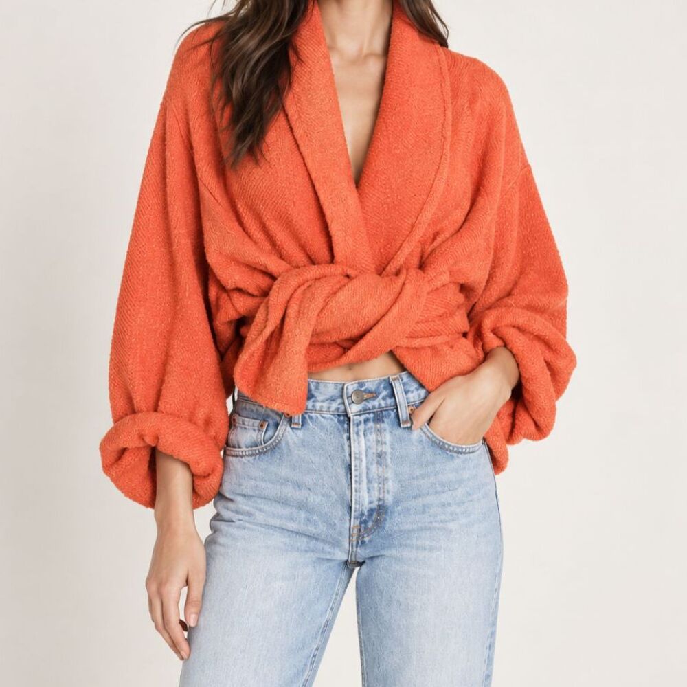 Bryn Walker Womens One Size Orange Linen Cotton Wrap Top Oversized Boho Blouse